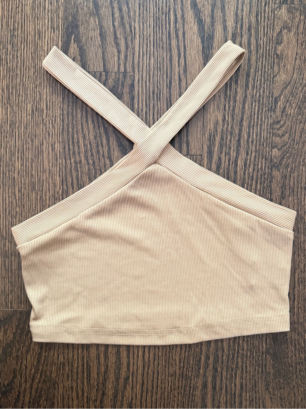 SHEIN Beige Ribbed Crop Top with Cross Straps